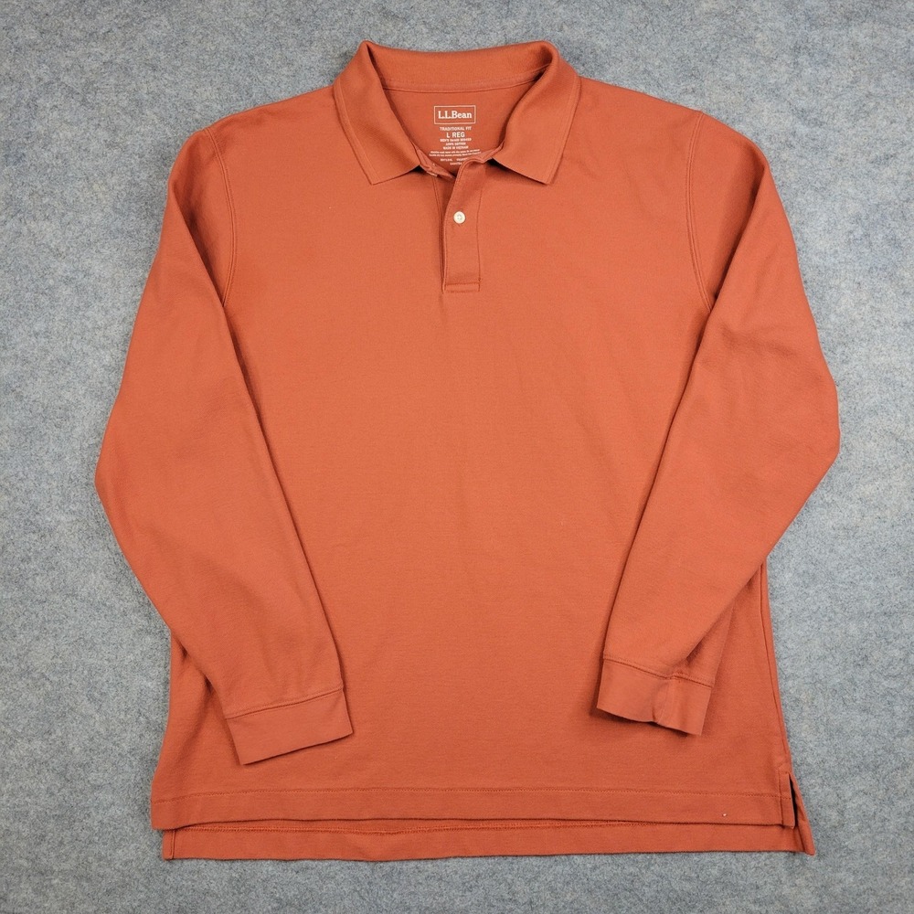 L.L. Bean Polo Shirt Mens‎ Large Orange Solid 100% Cotton Long Sleeve Knit Top